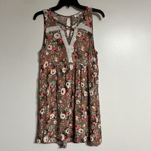 Umgee Women's Crochet Sleeveless Floral Print Long Tunic Top Size Small Tan